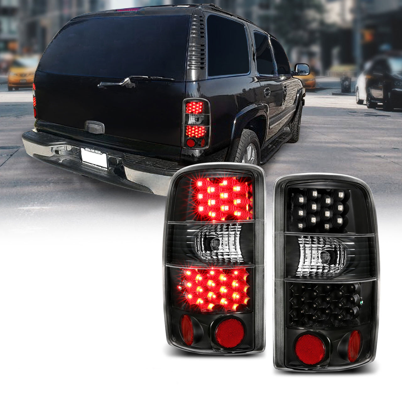 CHEVY TAHOE/SUBURBAN/GMC DENALI 00-06 LED TAIL LIGHTS  CLEAR LENS BLACK HOUSING BLACK LED REFLECTOR