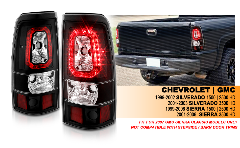 GMC SIERRA 99-07/CHEVY SILVERADO 99-03 (1500/2500 SERIES 99-02 & 3500 SERIES 2003) LED TAIL LIGHTS RED COLOR LIGHT BAR BLACK HOUSING CLEAR LENS (3 HOLE)