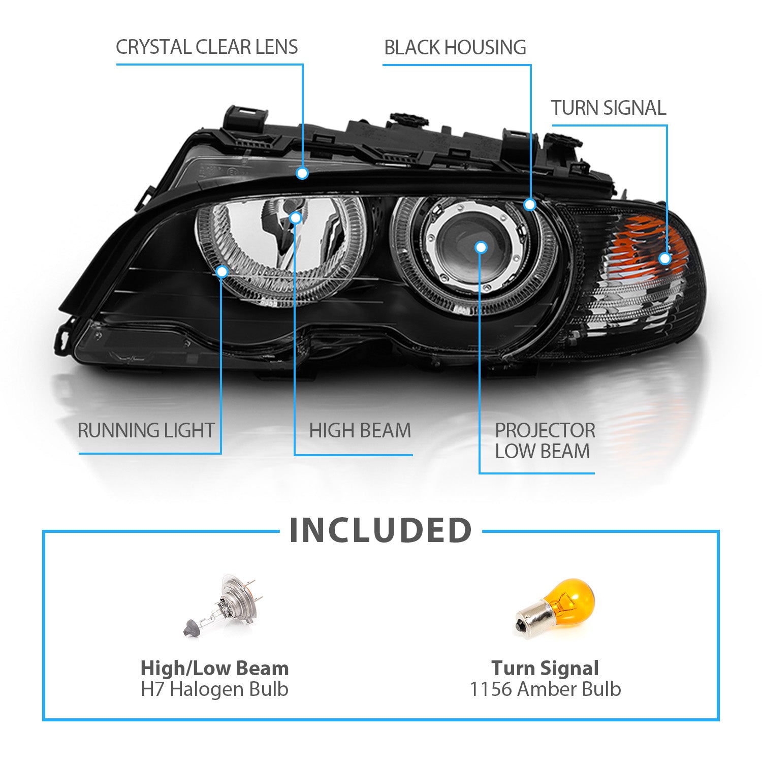 BMW 3 SERIES E46 (M3) 99-01 2DR PROJECTOR HEADLIGHTS W/ CORNER LIGHTS HALO BLACK CLEAR