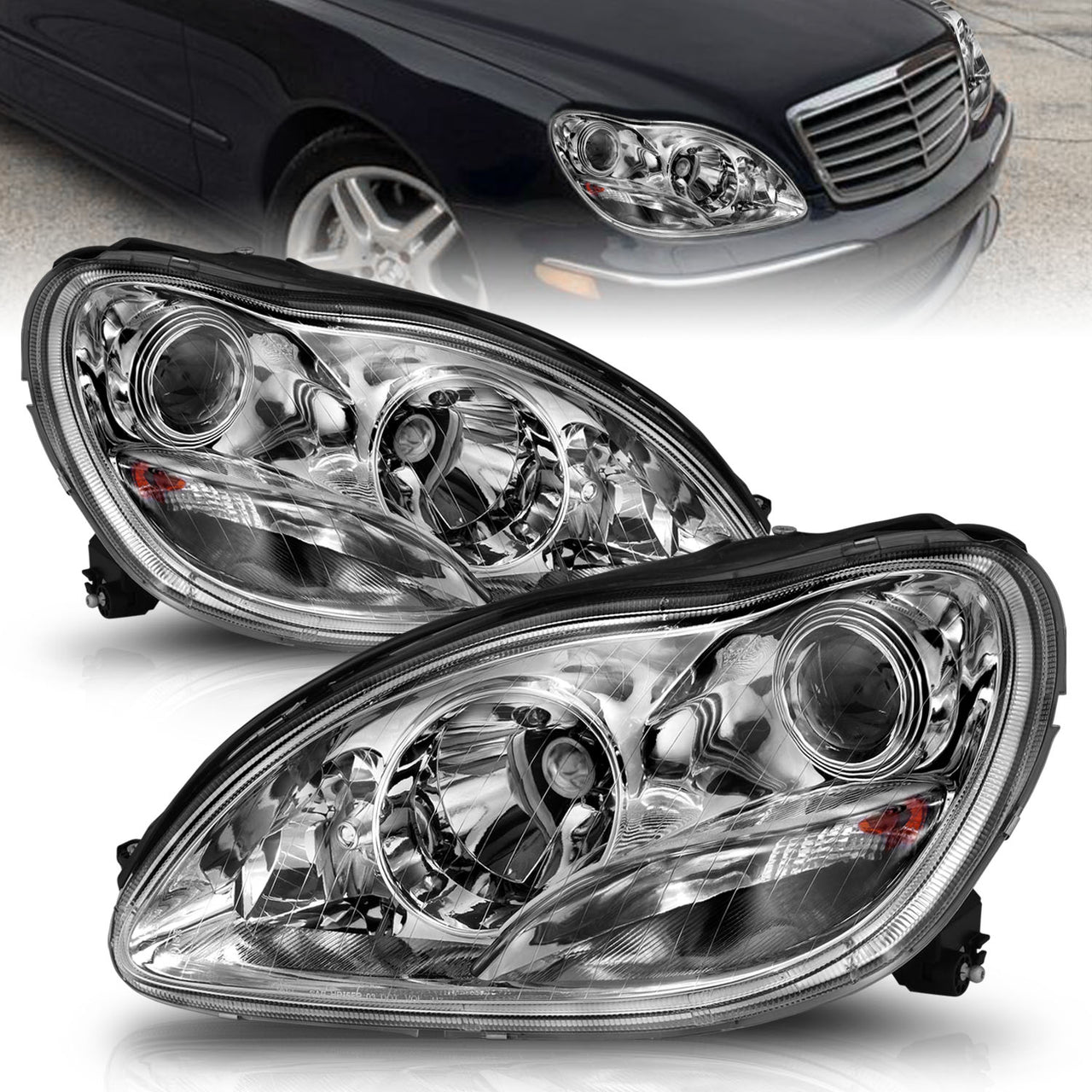 MBZ S CLASS W220 00-05 PROJECTOR HEADLIGHTS CHROME CLEAR