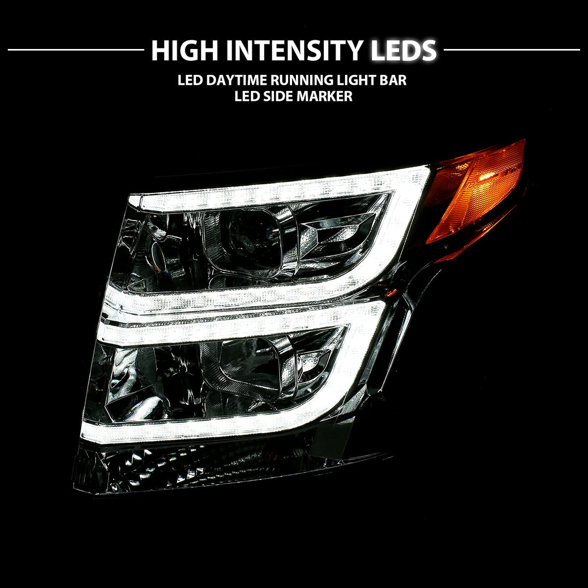 CHEVY TAHOE/SUBURBAN 15-19 PROJECTOR LIGHT BAR STYLE HEADLIGHTS CHROME AMBER (W/ DRL)