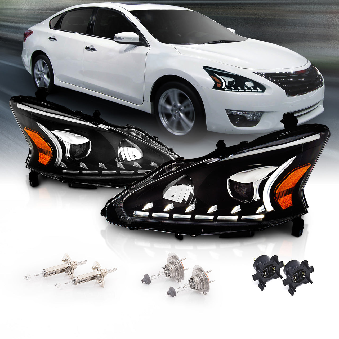 NISSAN ALTIMA 13-15 4DR PROJECTOR LIGHT BAR STYLE HEADLIGHTS BLACK CLEAR AMBER