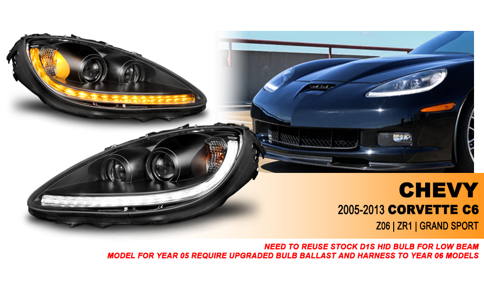CHEVY CORVETTE 05-13 PROJECTOR SEQUENTIAL LIGHT BAR HEADLIGHTS BLACK AMBER(W/ DRL)(W/O HID KITS)