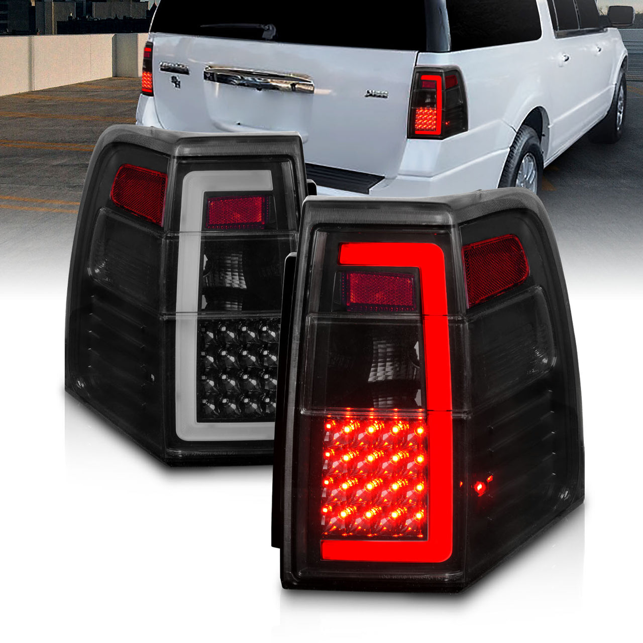 FORD EXPEDITION 07-17 LED TAIL LIGHTS BLACK HOUSING SMOKE LENS (SEQUENTIAL SIGNAL) W/ C-LIGHT BAR
