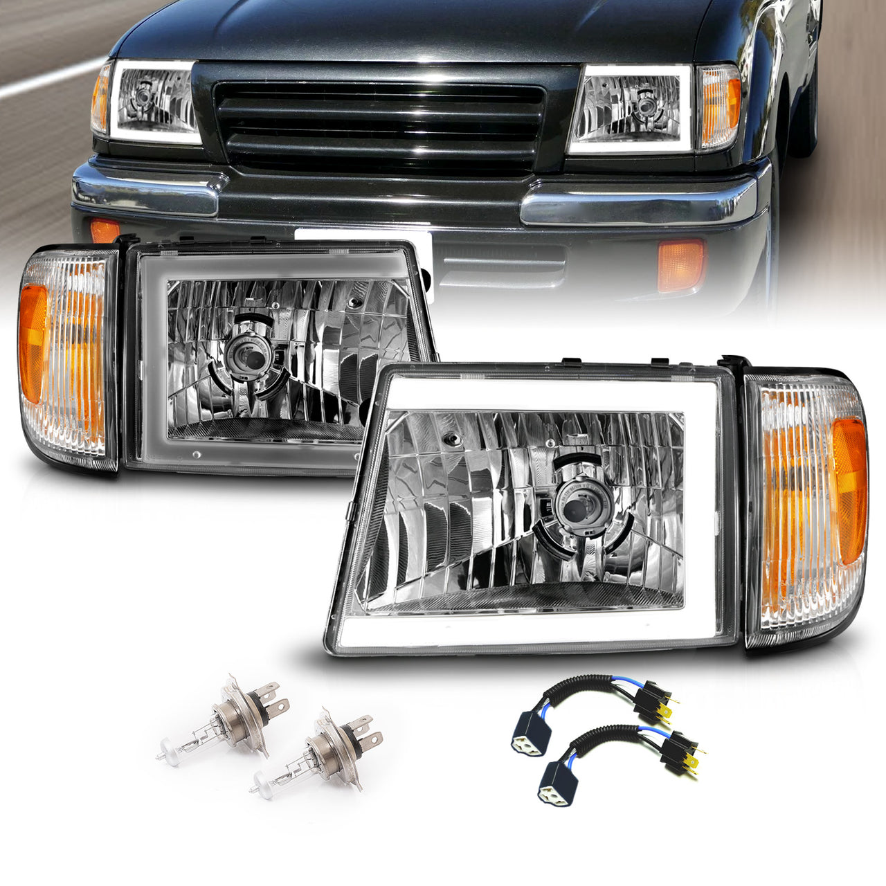 TOYOTA TACOMA 2WD (W/ PRERUNNER) 97-00 / 4WD 98-00 HEADLIGHTS CHROME (W/SIDE MARKERS) (W/ C LIGHT BAR)