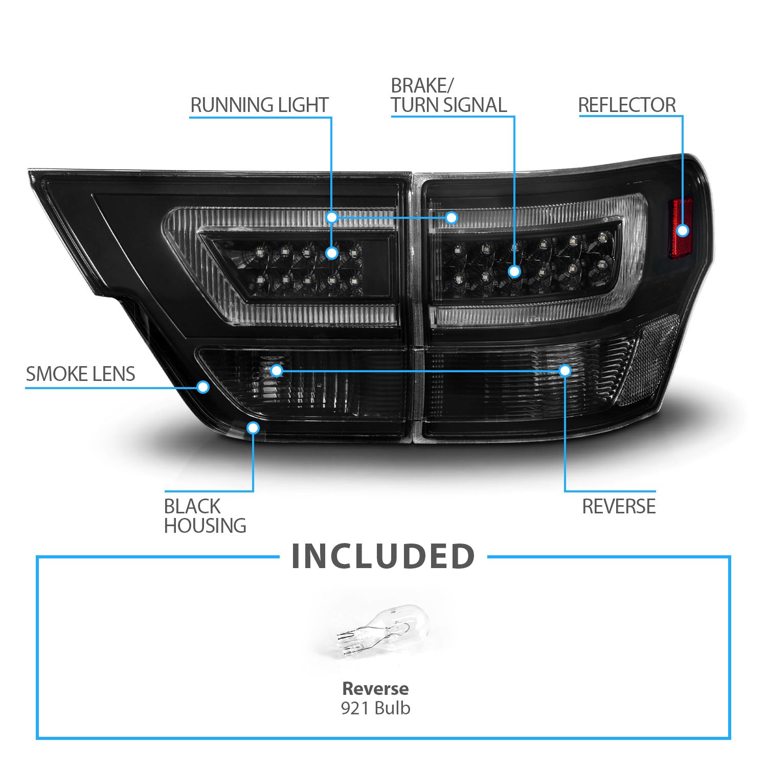 JEEP GRAND CHEROKEE 11-13 LED TAIL LIGHTS 4PCS BLACK HOUSING SMOKE LENS W/ C LIGHT BAR