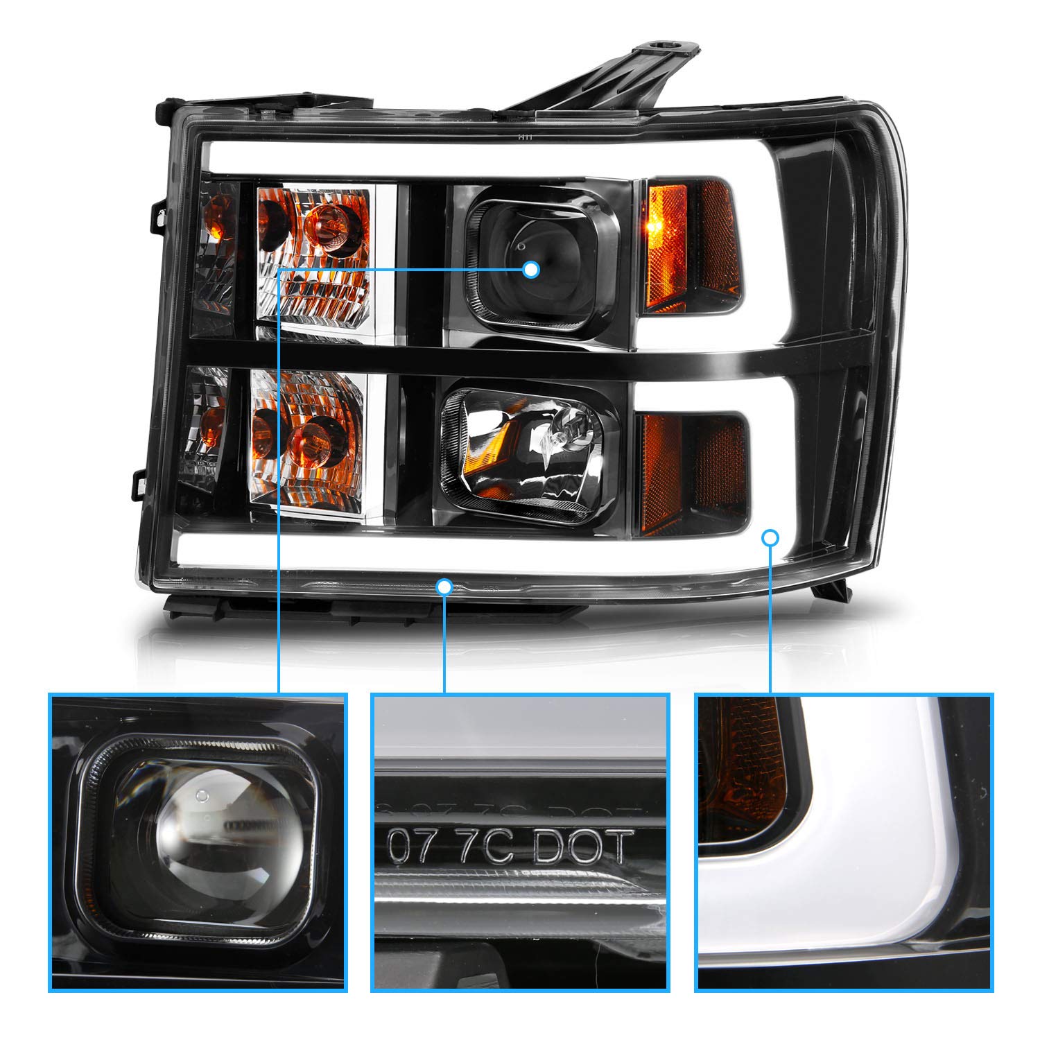 GMC SIERRA 07-10/1500 HYBRID 09-10 PROJECTOR LIGHT BAR STYLE HEADLIGHTS BLACK CLEAR AMBER