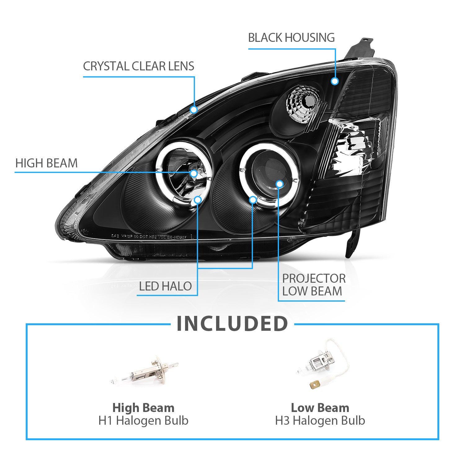 HONDA CIVIC 02-04 3DR PROJECTOR HEADLIGHTS HALO BLACK CLEAR