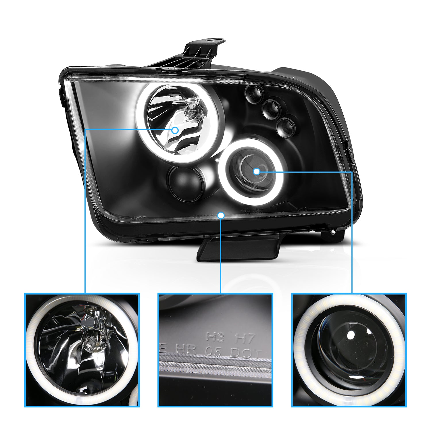 FORD MUSTANG 05-09 PROJECTOR HEADLIGHTS HALO BLACK CLEAR (RX HALO)