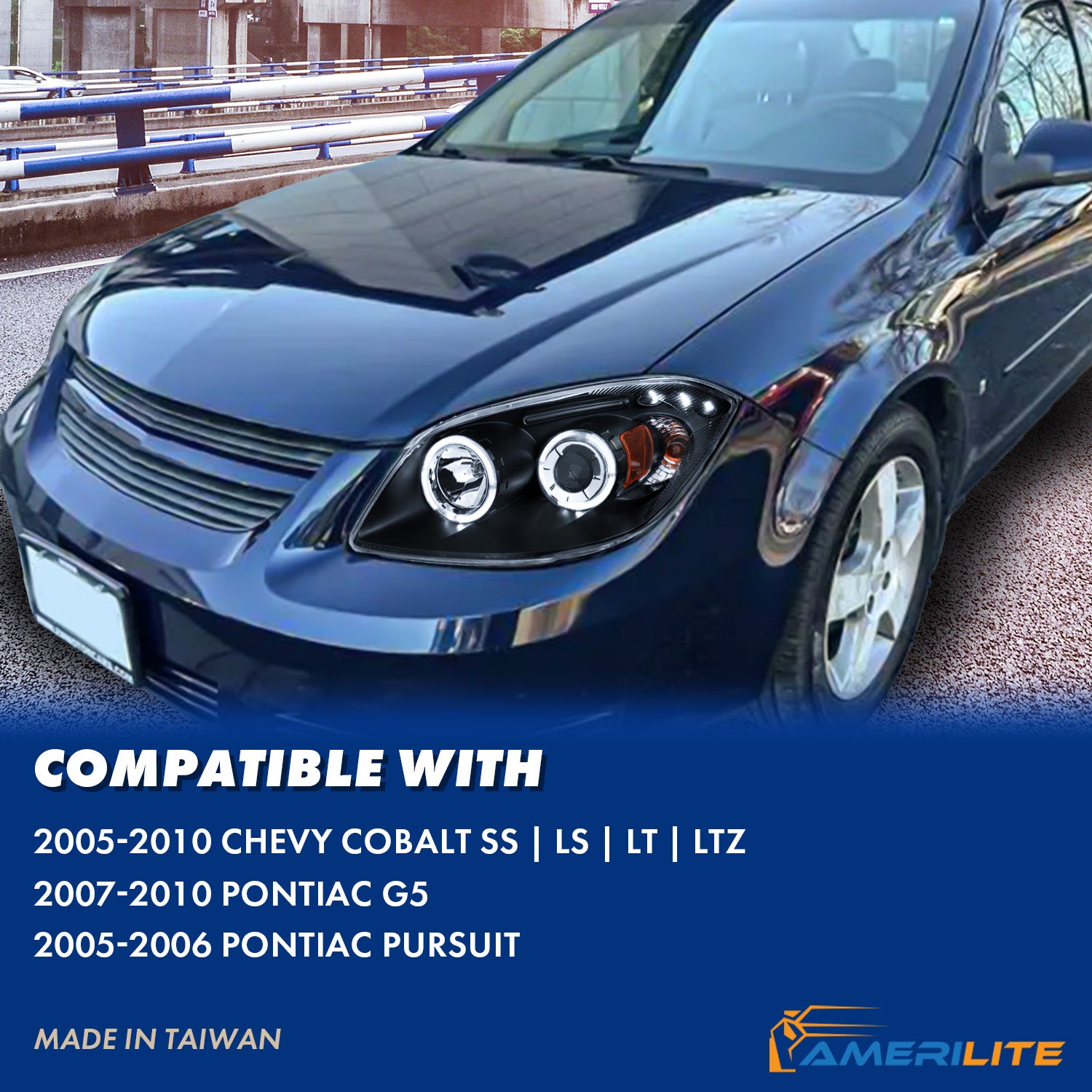 CHEVY COBALT 05-UP PROJECTOR HEADLIGHTS HALO W/O CCFL BAR BLACK CLEAR AMBER