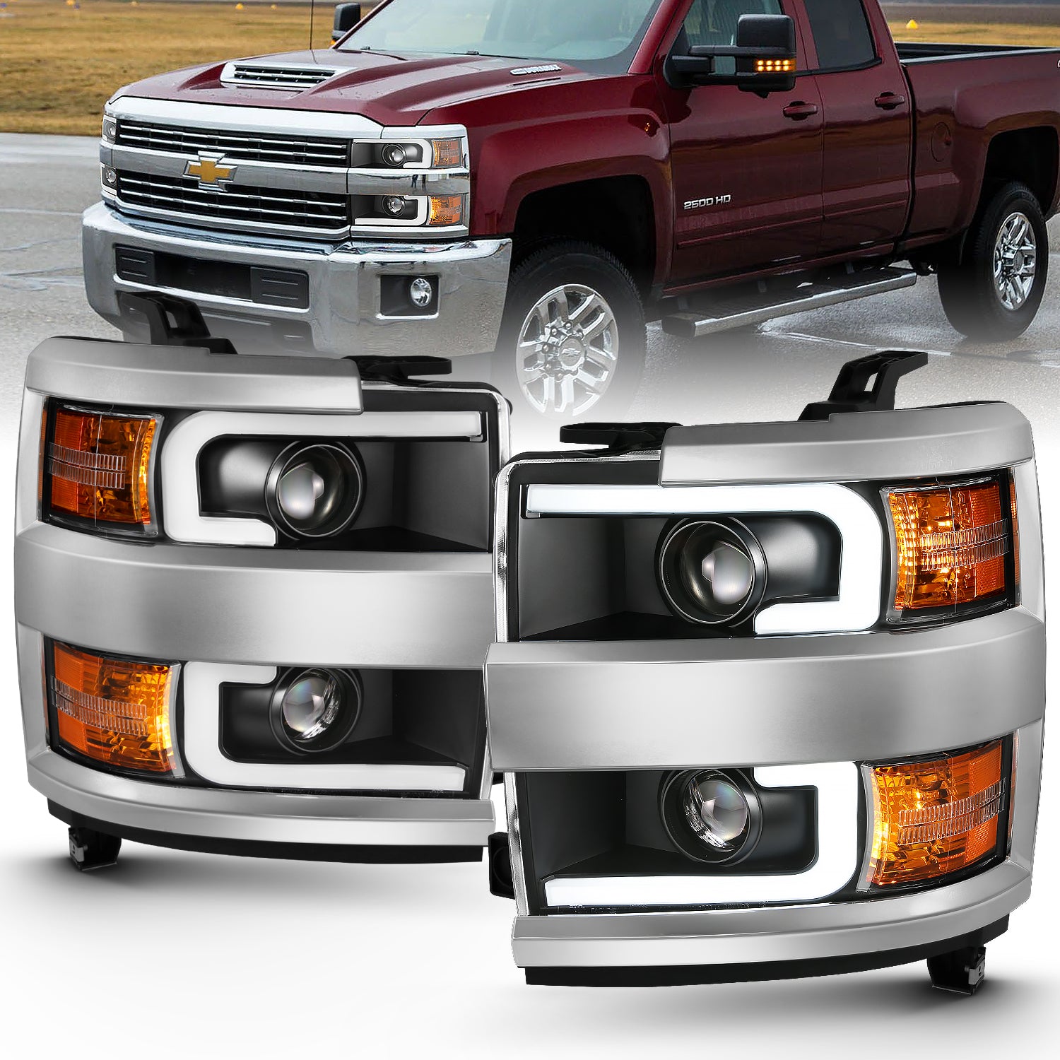 CHEVY SILVERADO 2500HD/3500HD 15-17 PROJECTOR LIGHT BAR STYLE HEADLIGHTS BLACK AMBER (CHROME RIM)