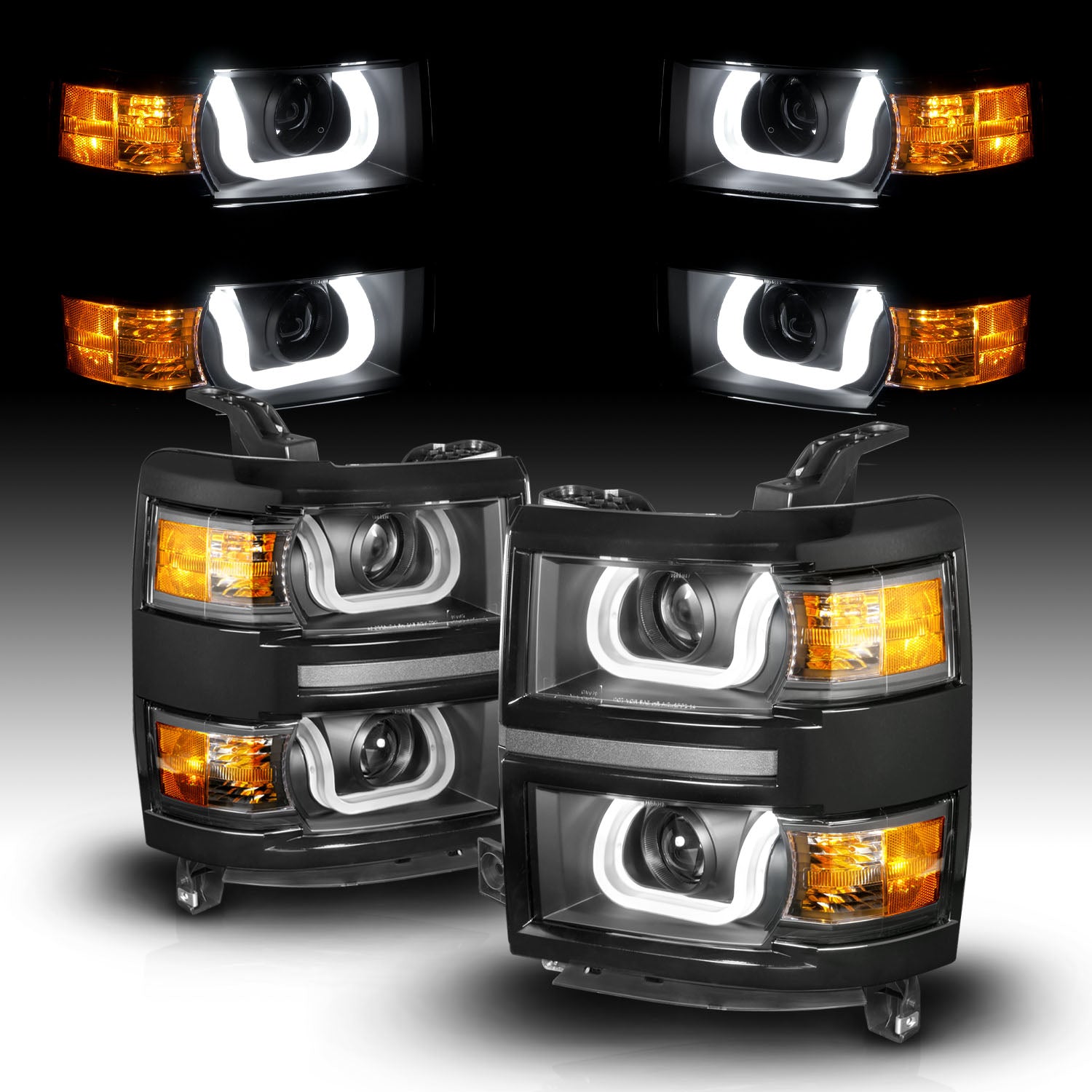 CHEVY SILVERADO 14 PROJECTOR U-BAR STYLE HEADLIGHTS BLACK W/ BLACK TRIM AMBER