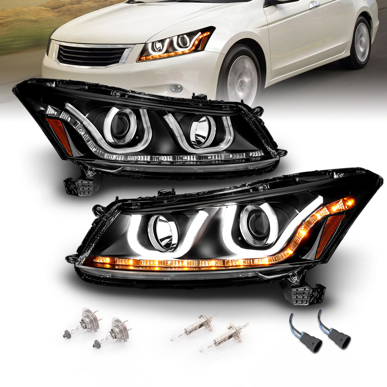 HONDA ACCORD 08-12 4DR PROJECTOR BAR STYLE HEADLIGHTS BLACK CLEAR AMBER
