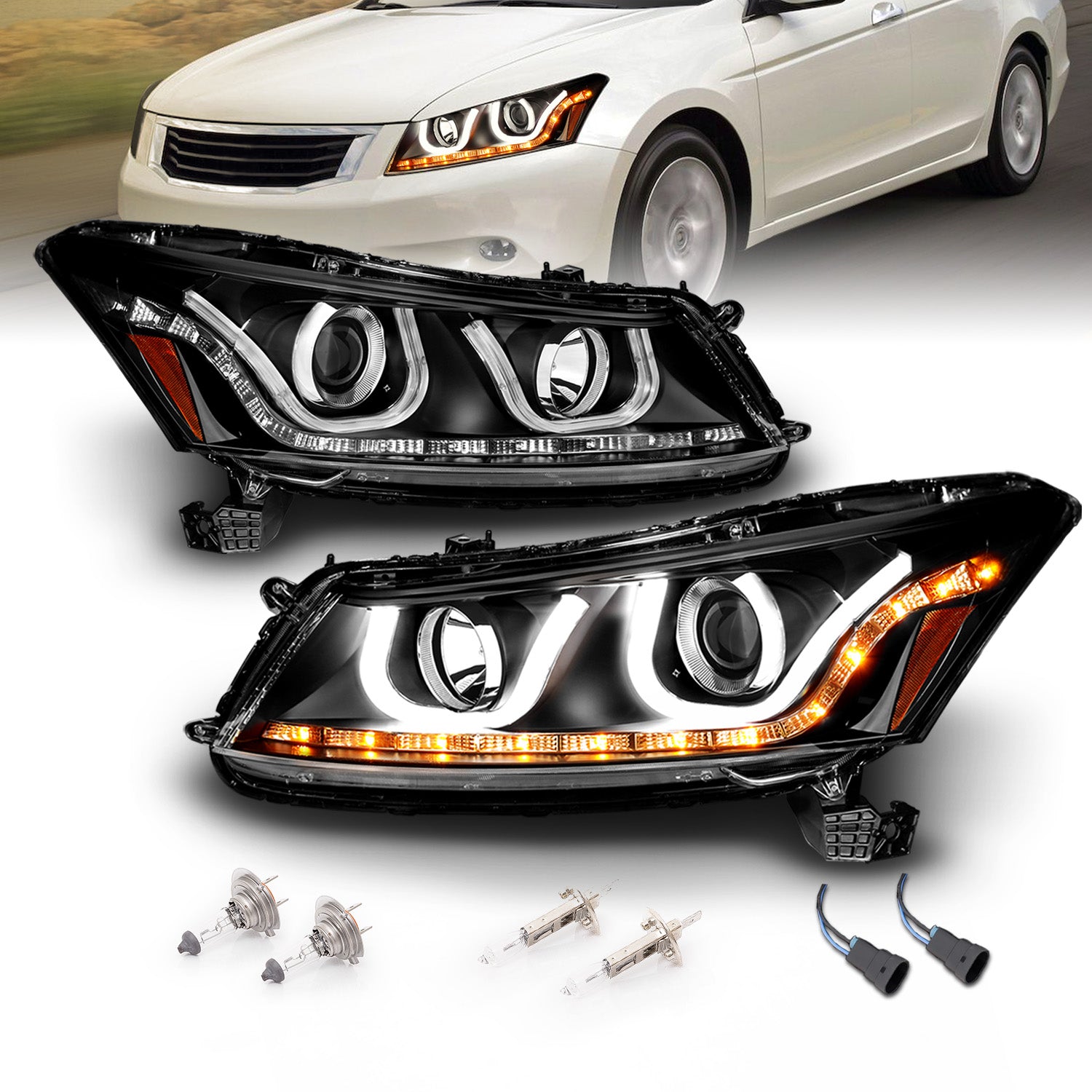 HONDA ACCORD 08-12 4DR PROJECTOR BAR STYLE HEADLIGHTS BLACK CLEAR AMBER