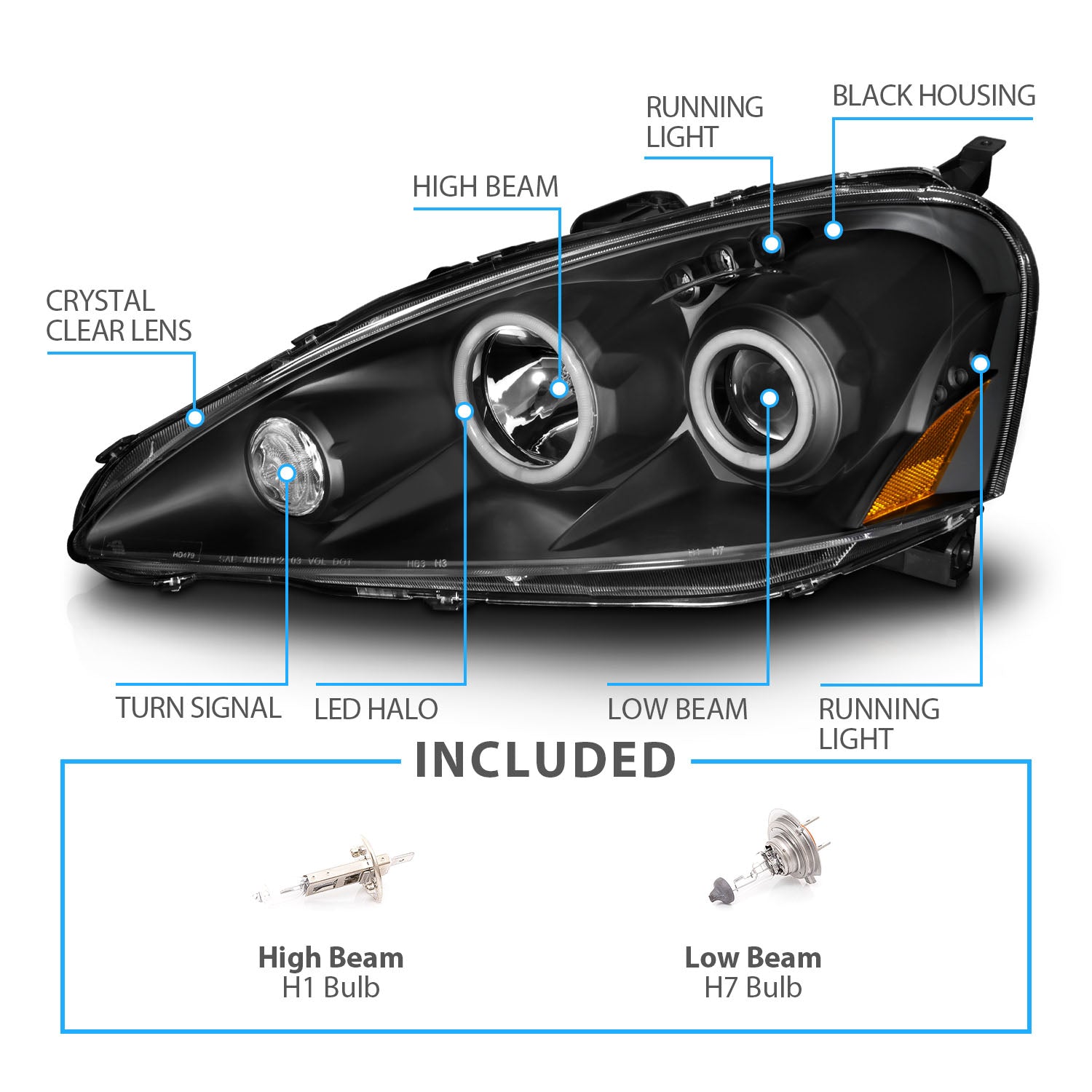 ACURA RSX 05-06 PROJECTOR HEADLIGHTS HALO BLACK CLEAR AMBER (RX HALO)