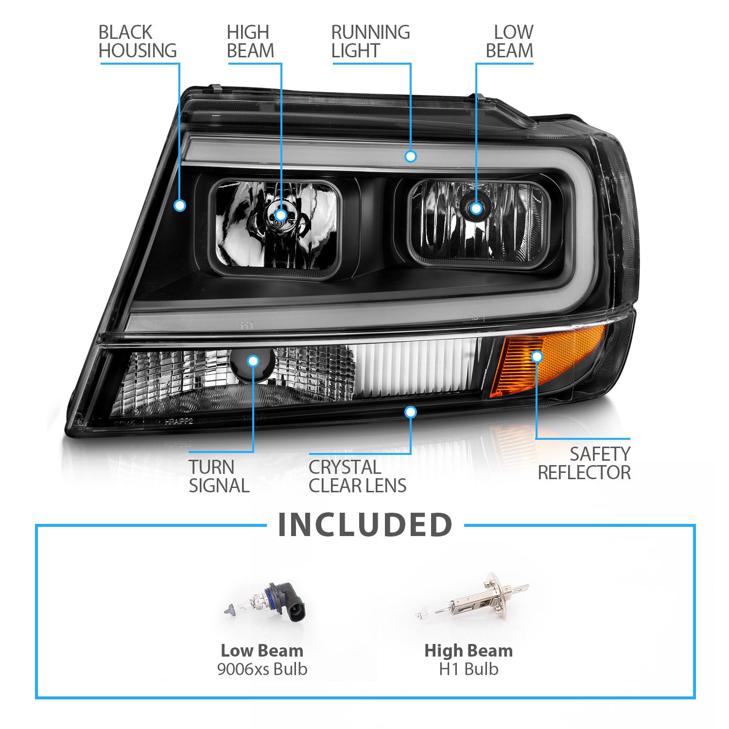 JEEP GRAND CHEROKEE 99-04 HEADLIGHTS BLACK AMBER (W/ C LIGHT BAR)