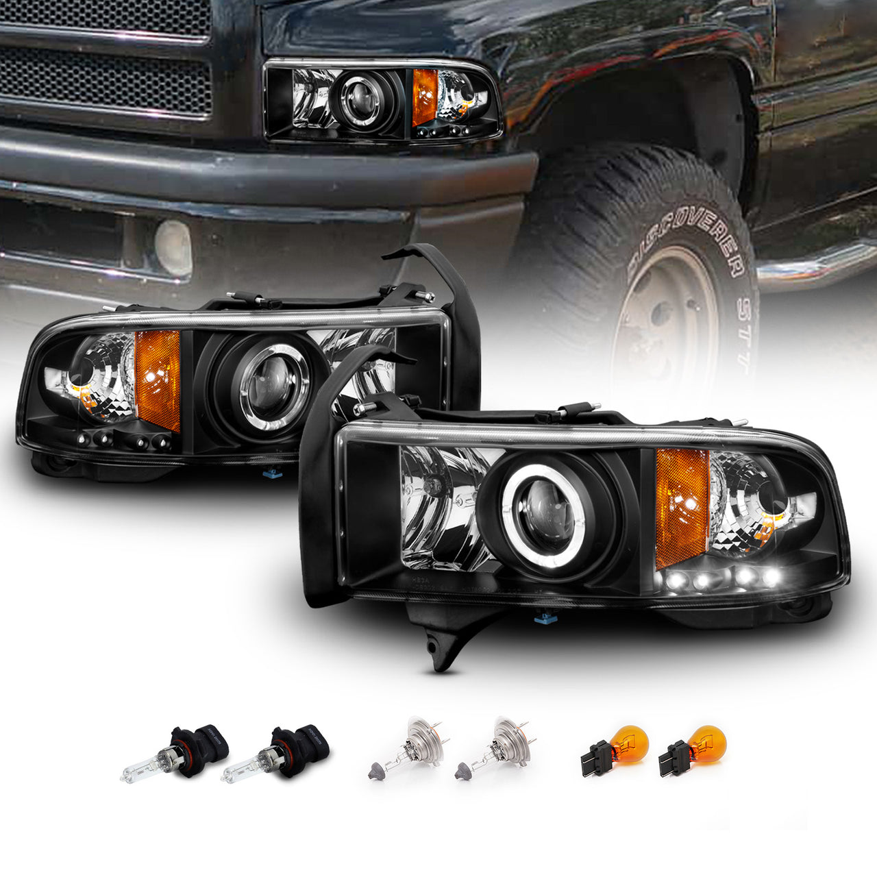 DODGE RAM 94-01 PROJECTOR HEADLIGHTS HALO BLACK CLEAR AMBER