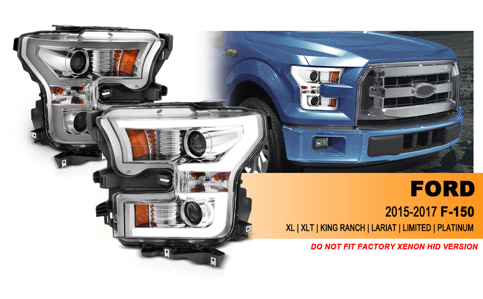 FORD F-150 15-17 PROJECTOR LIGHT BAR STYLE HEADLIGHTS CHROME CLEAR AMBER