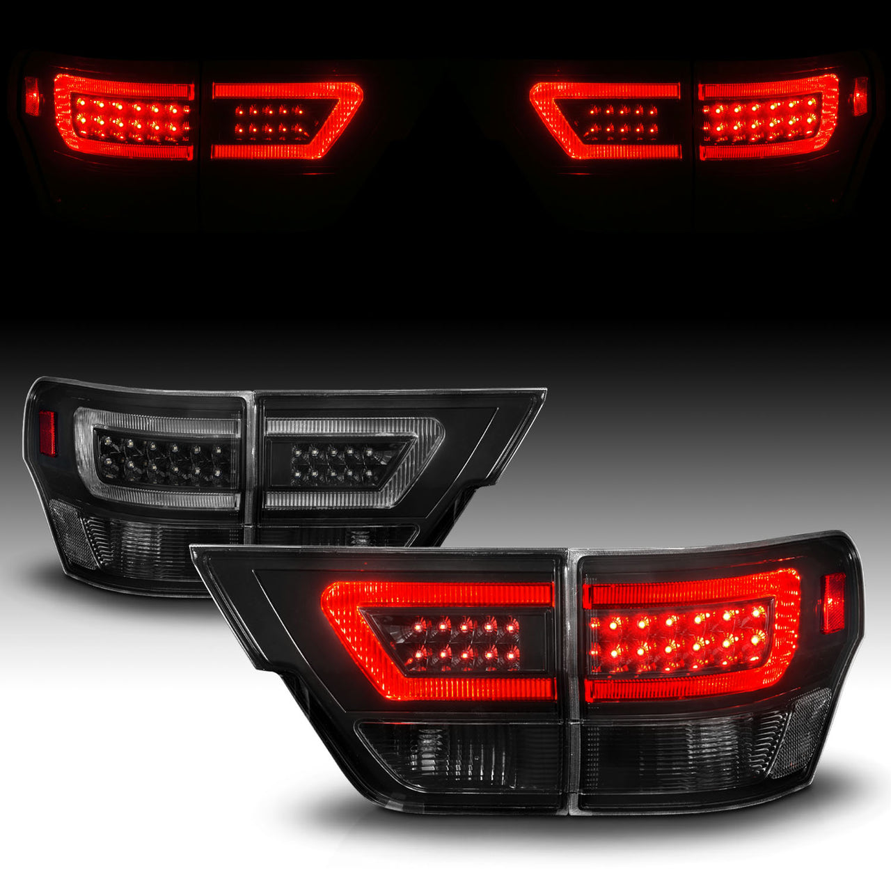 JEEP GRAND CHEROKEE 11-13 LED TAIL LIGHTS 4PCS BLACK HOUSING SMOKE LENS W/ C LIGHT BAR