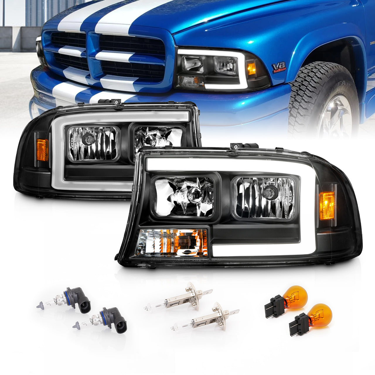 DODGE DAKOTA/DURANGO 97-04/98-03 HEADLIGHTS BLACK W/C LIGHT BAR