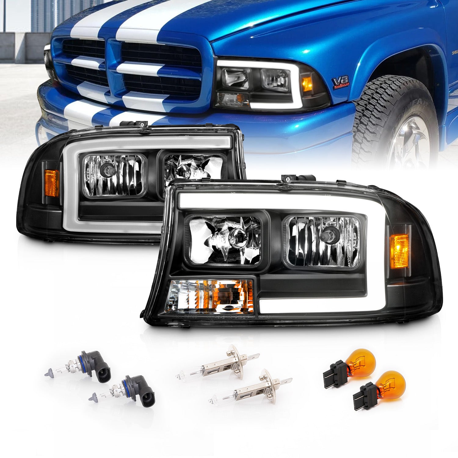 DODGE DAKOTA/DURANGO 97-04/98-03 HEADLIGHTS BLACK W/C LIGHT BAR