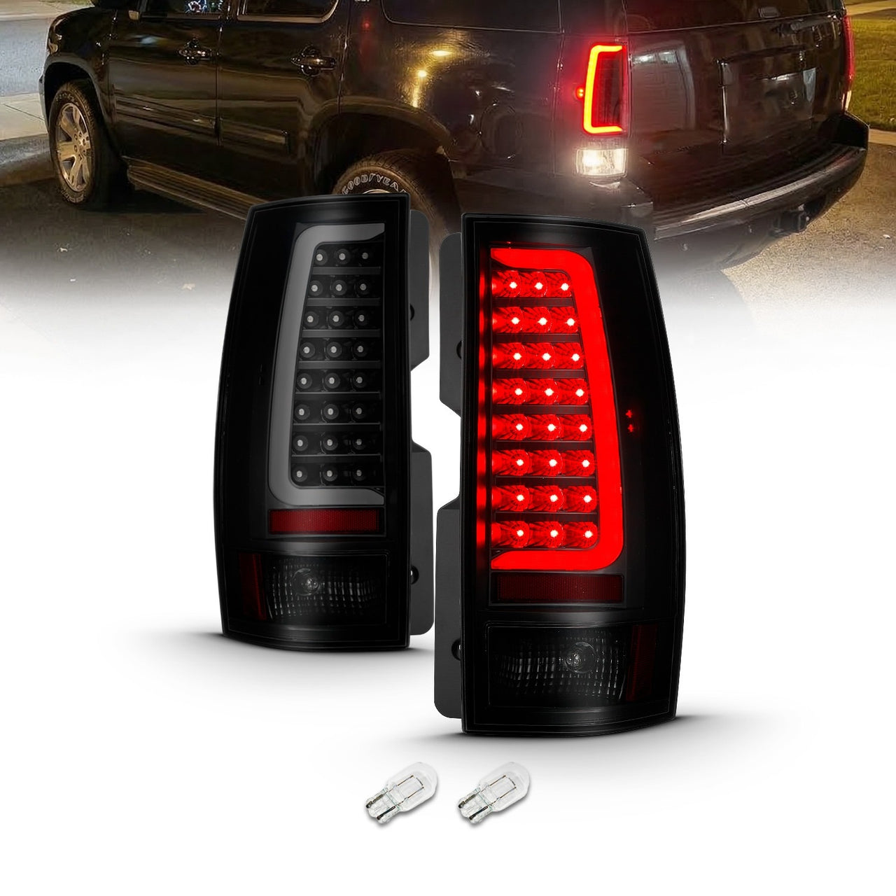 CHEVY TAHOE/SUBURBAN 07-14 LED TAIL LIGHTS BLACK HOUSING SMOKE LENS W/ C LIGHT BAR