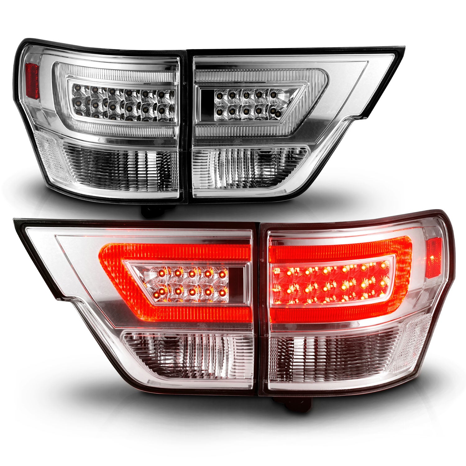JEEP GRAND CHEROKEE 11-13 LED TAIL LIGHTS 4PCS CHROME HOUSING CLEAR LENS W/ C LIGHT BAR