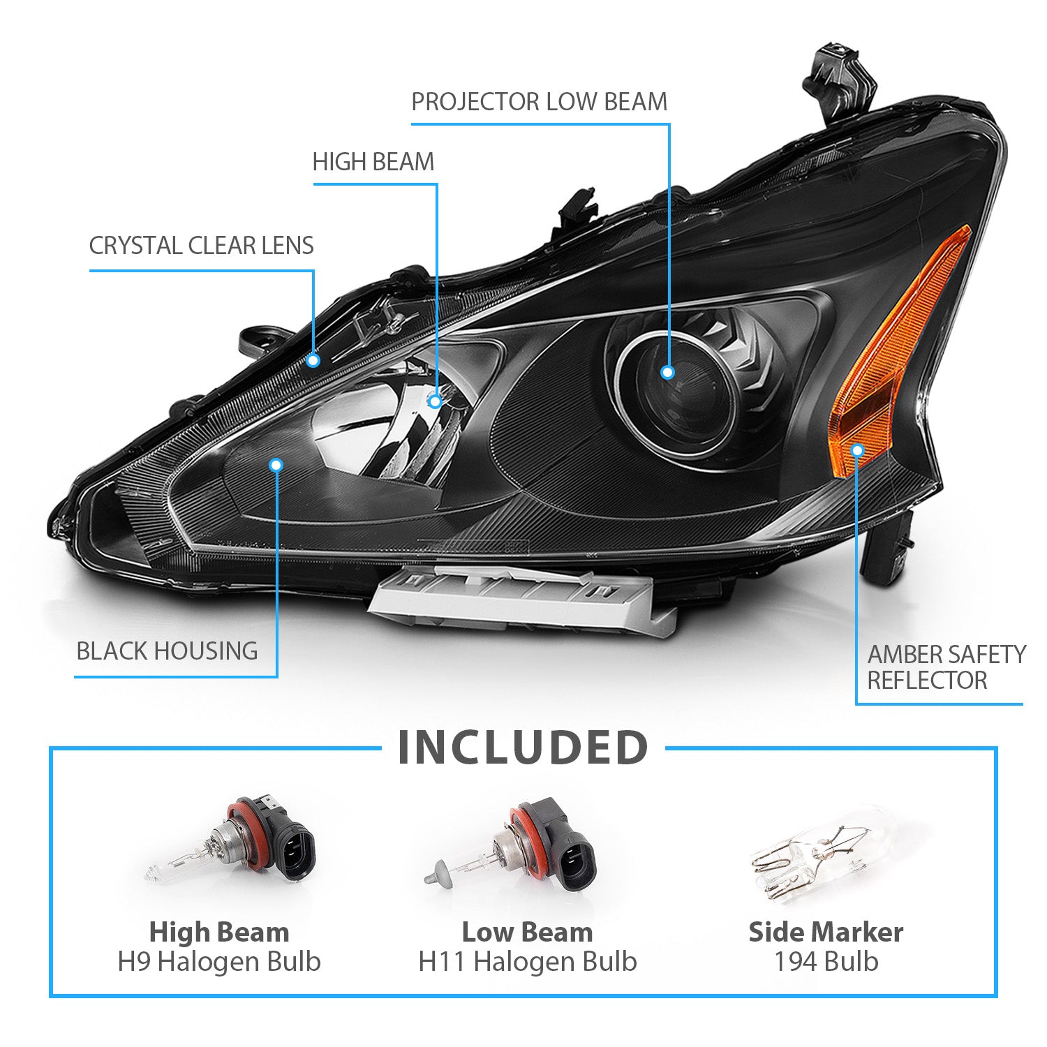 NISSAN ALTIMA 13-15 HEADLIGHTS 4D CRYSTAL BLACK AMBER