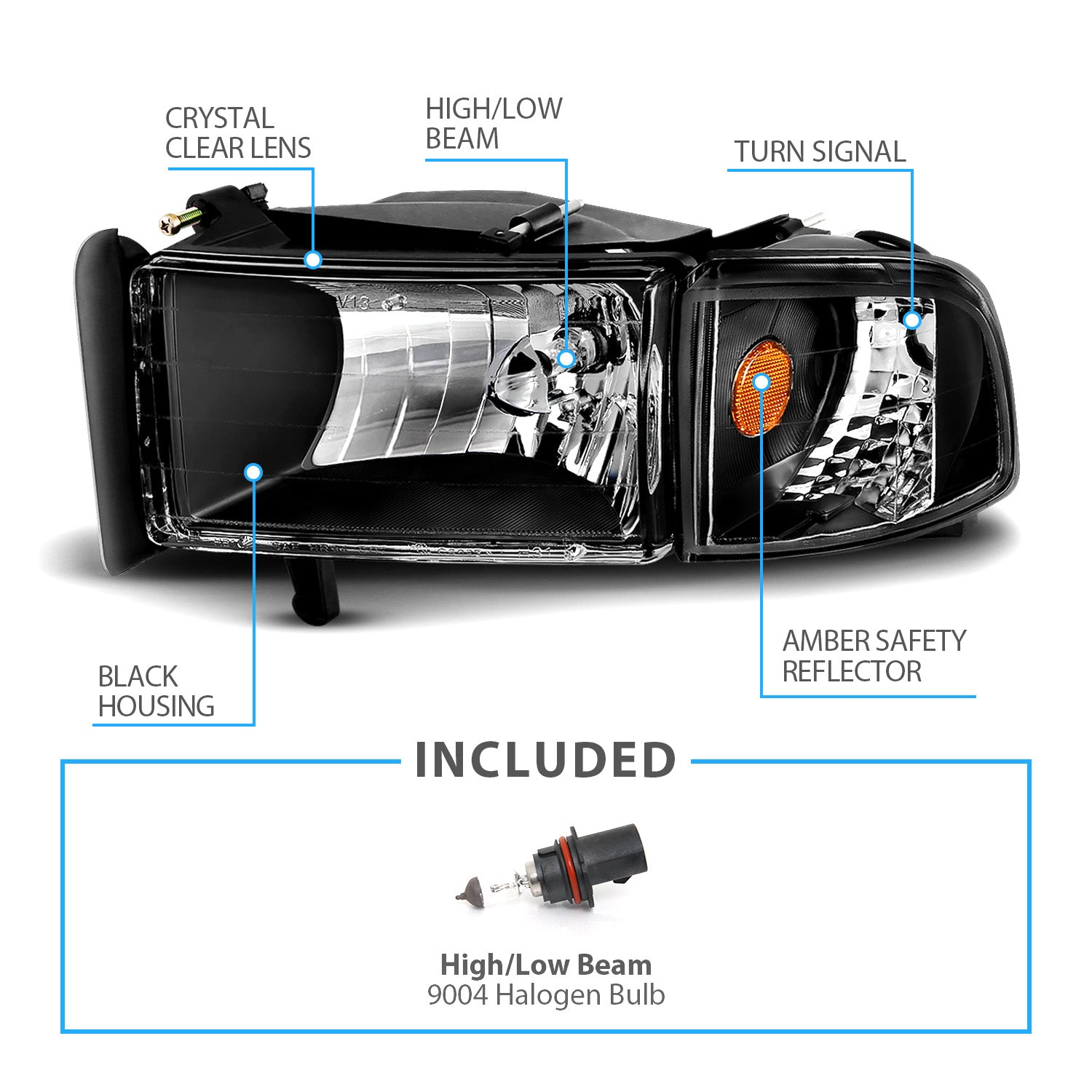 DODGE RAM 94-01 CRYSTAL HEADLIGHTS BLACK AMBER W/ CORNER LIGHTS