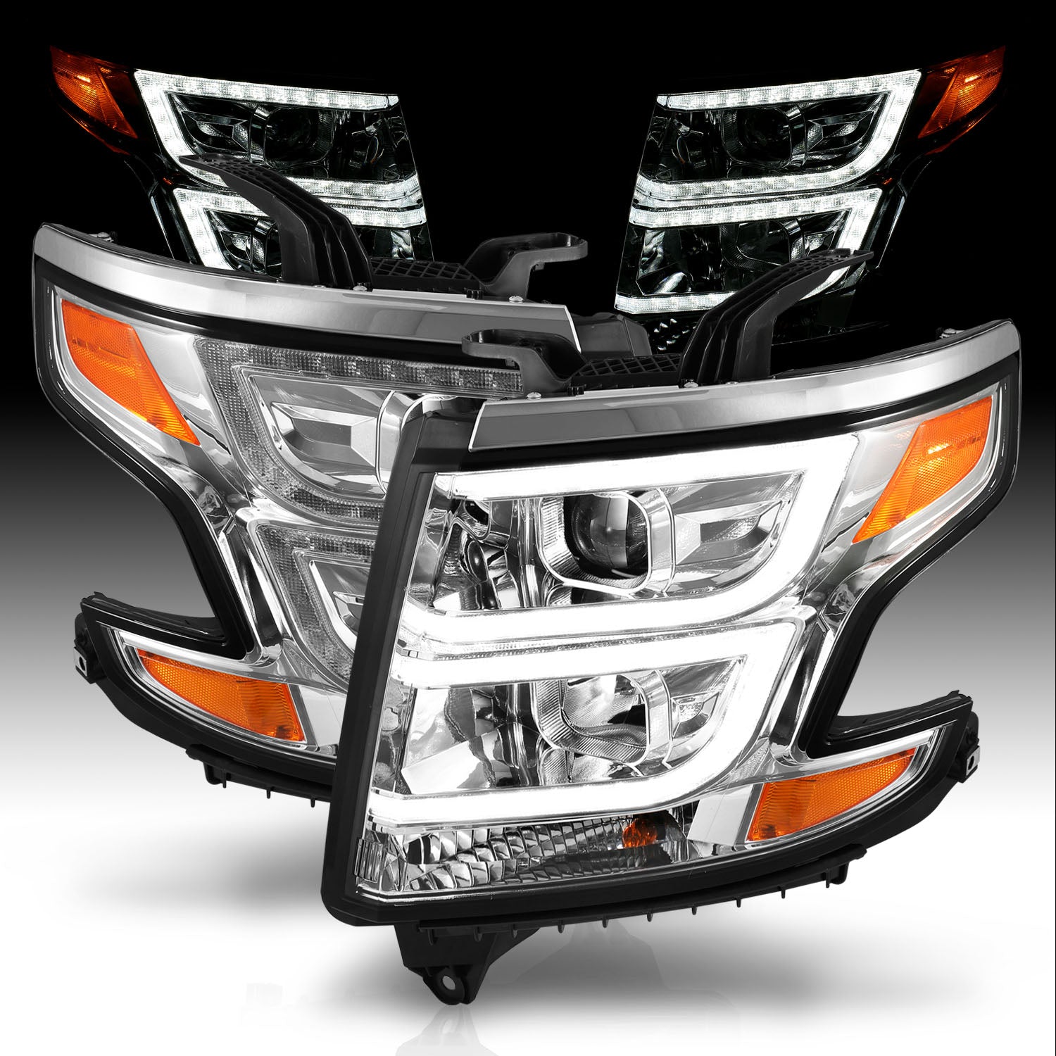 CHEVY TAHOE/SUBURBAN 15-19 PROJECTOR LIGHT BAR STYLE HEADLIGHTS CHROME AMBER (W/ DRL)