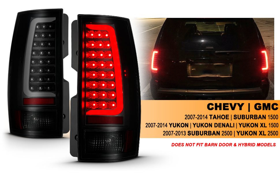 CHEVY TAHOE/SUBURBAN 07-14 LED TAIL LIGHTS BLACK HOUSING SMOKE LENS W/ C LIGHT BAR