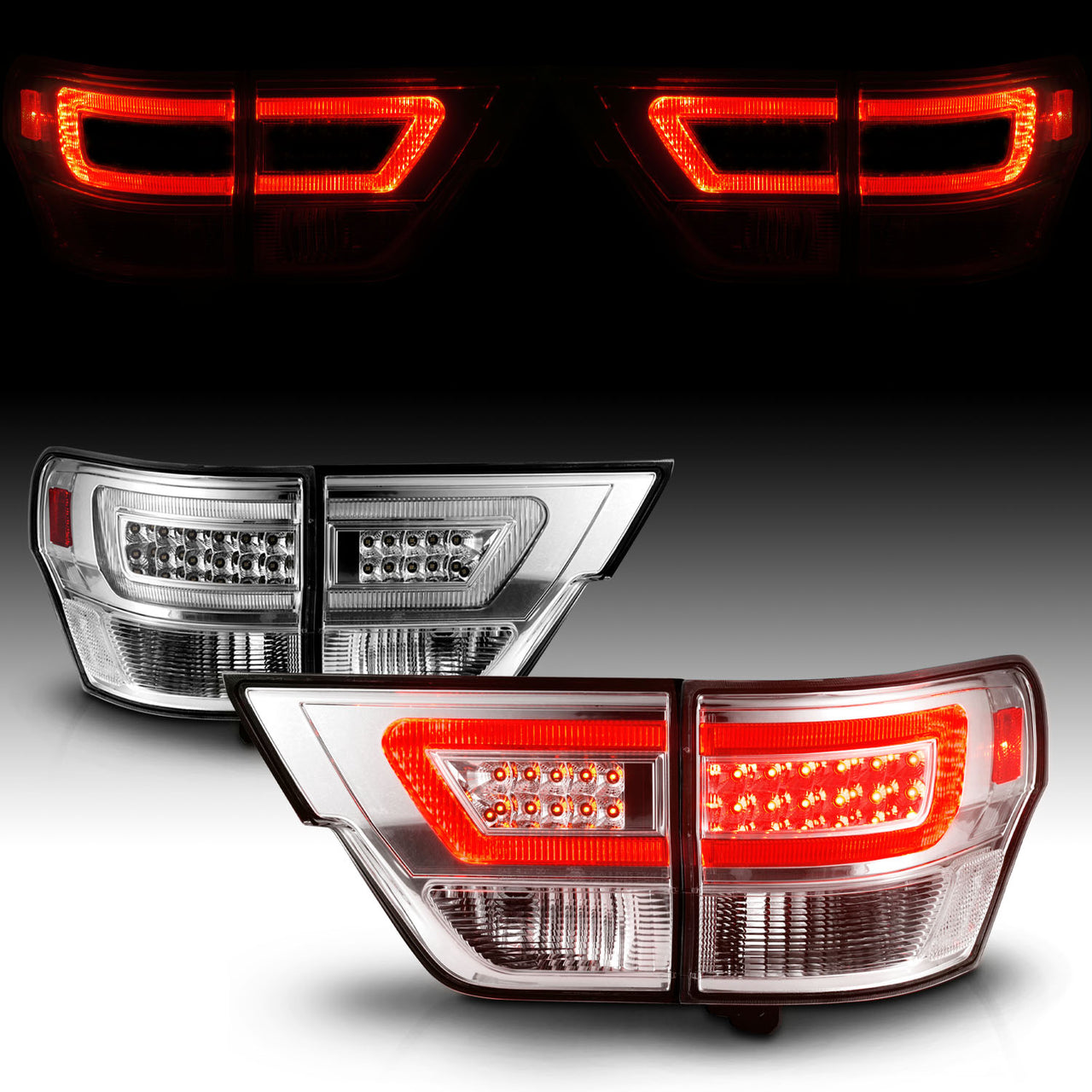 JEEP GRAND CHEROKEE 11-13 LED TAIL LIGHTS 4PCS CHROME HOUSING CLEAR LENS W/ C LIGHT BAR