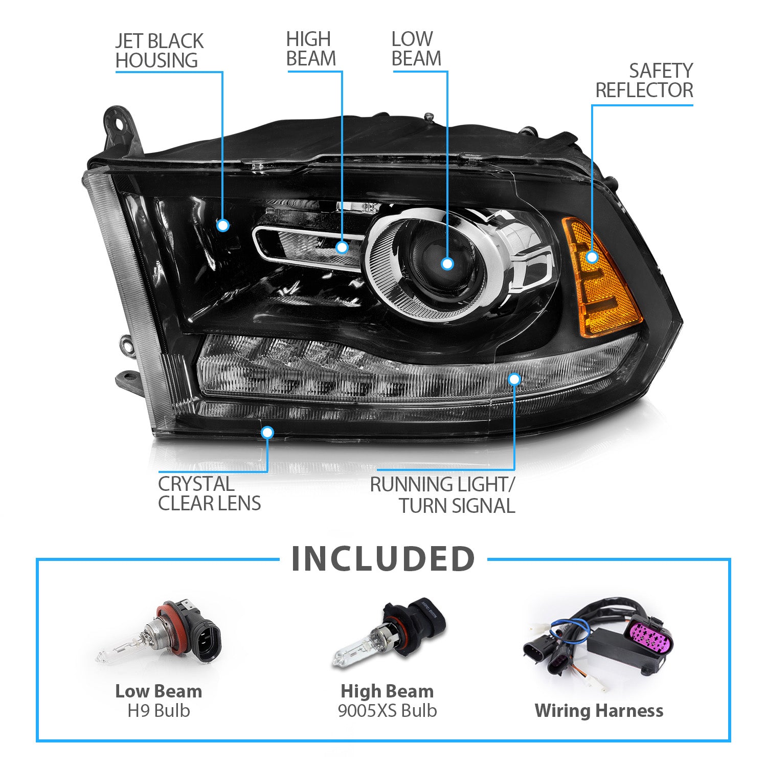 DODGE RAM 09-18 PROJECTOR PLANK STYLE SWITCHBACK H.L BLACK AMBER (OE STYLE) (LIGHT BLACK) (ALL MODEL)