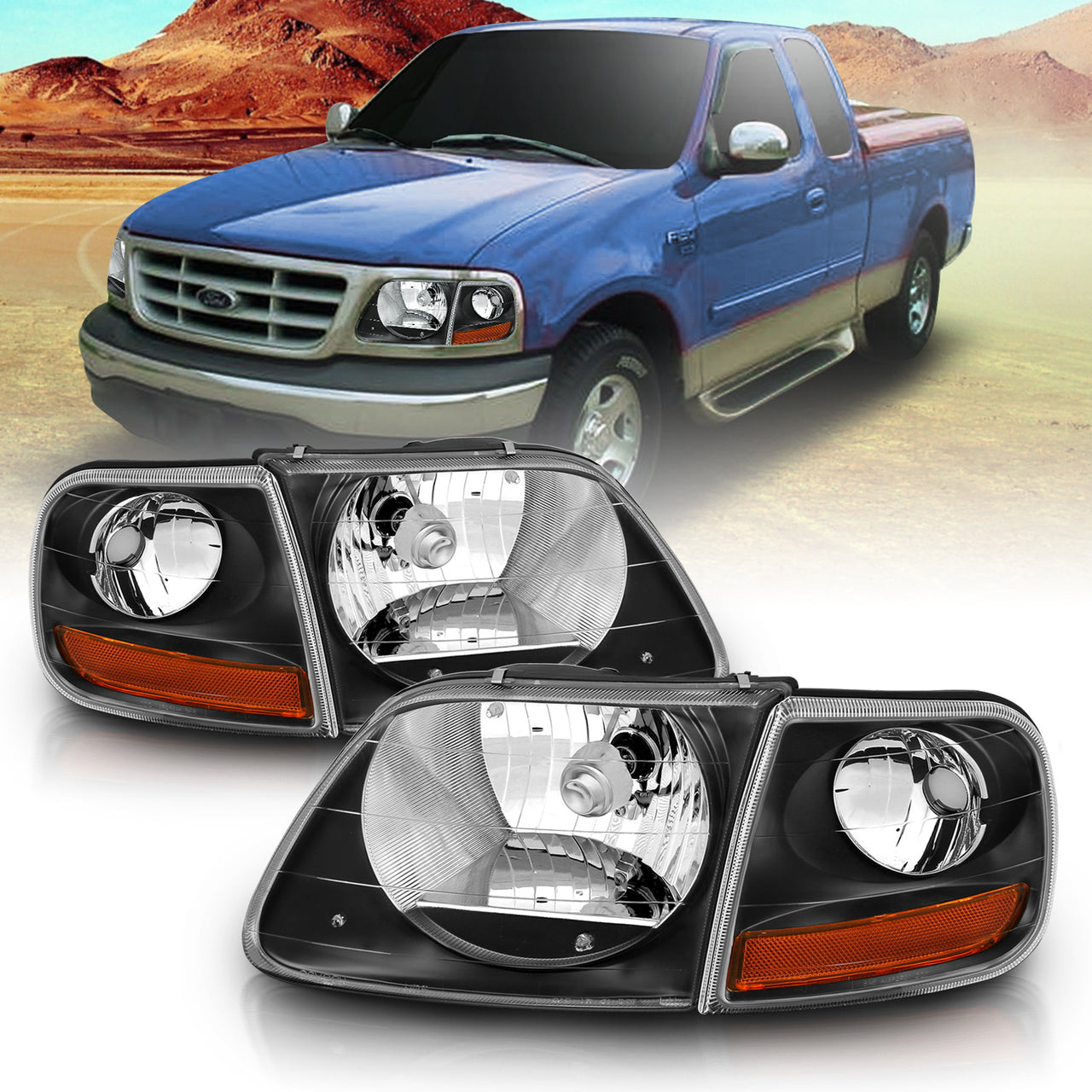 FORD F-150 97-03 HEADLIGHTS G2 BLACK W/ PARKING LIGHTS