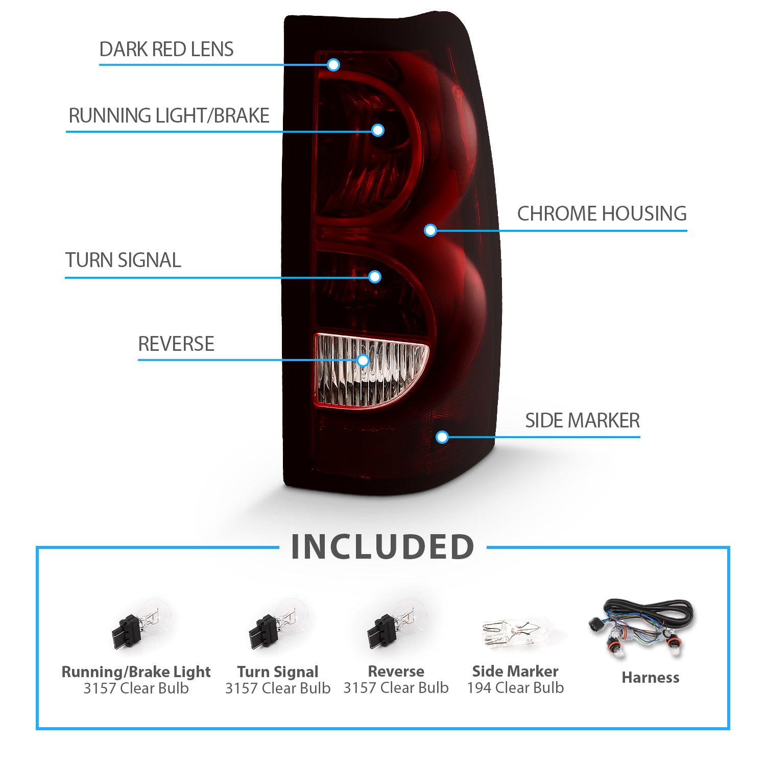 CHEVY SILVERADO 04-07 TAIL LIGHTS DARK RED AND CLEAR LENS (BLACK RIM) (OE STYLE)