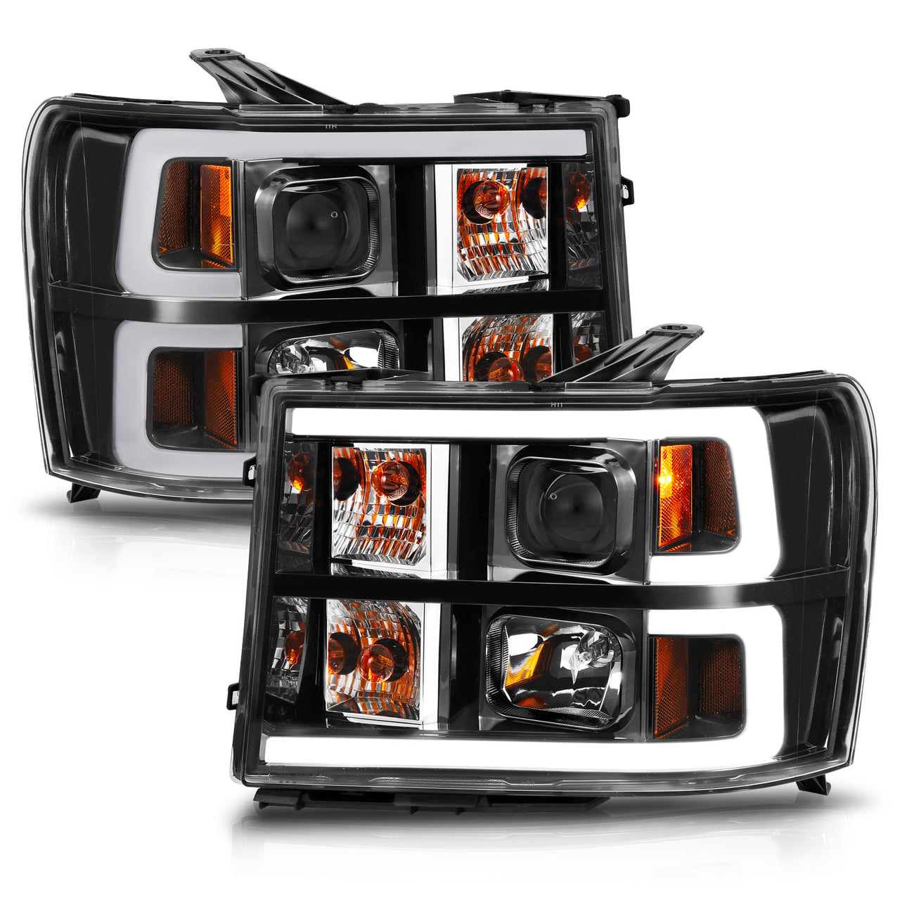 GMC SIERRA 07-10/1500 HYBRID 09-10 PROJECTOR LIGHT BAR STYLE HEADLIGHTS BLACK CLEAR AMBER