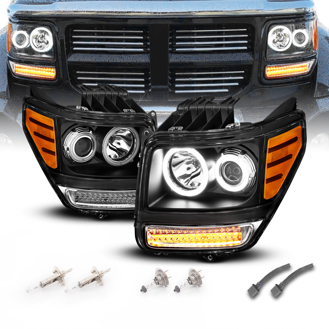 DODGE NITRO 07-08 PROJECTOR HEADLIGHTS HALO G2 BLACK CLEAR AMBER W/ LED (RX HALO)