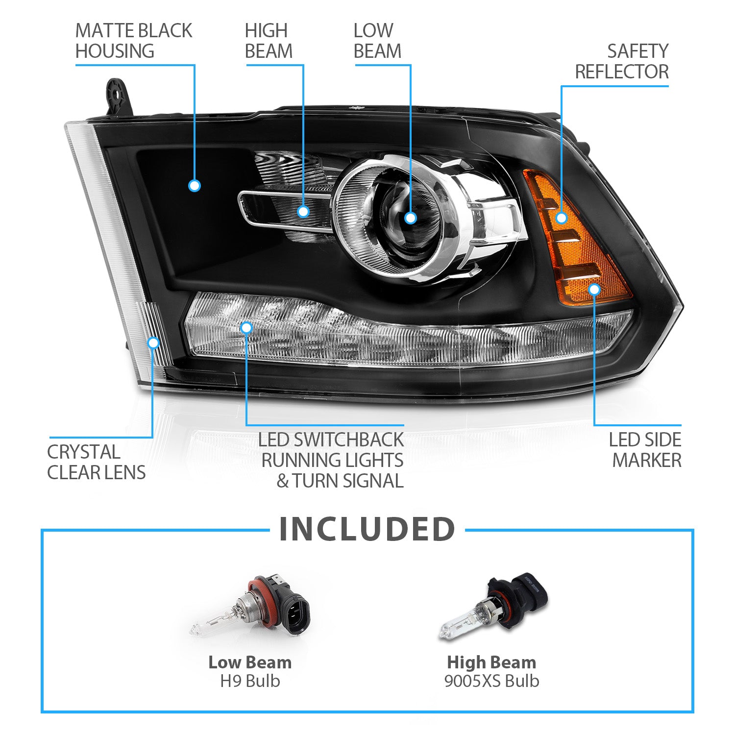DODGE RAM 09-18 PROJECTOR PLANK STYLE SWITCHBACK H.L BLACK AMBER (OE STYLE) (MIST BLACK) (ALL MODEL)