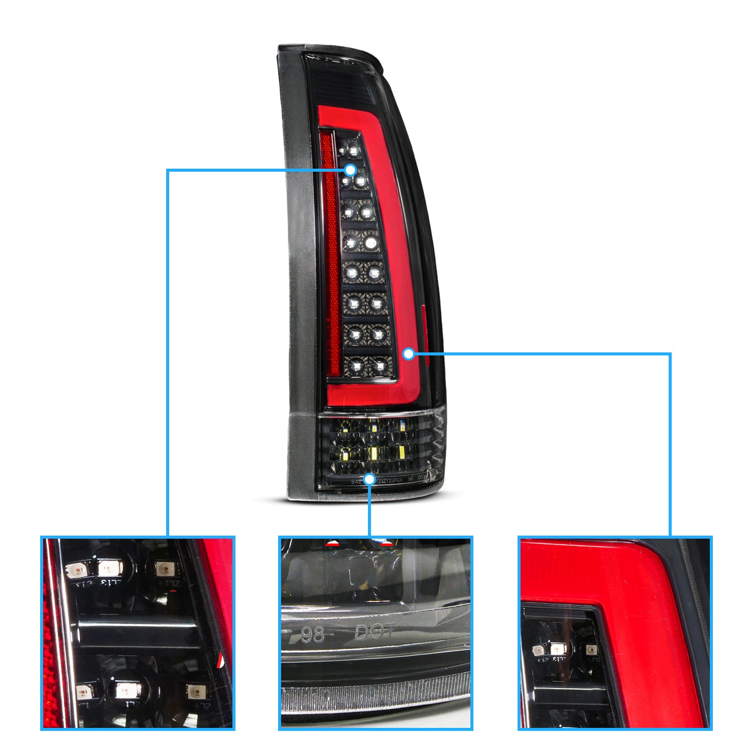 CHEVY /GMC C/K 1500/2500/3500 88-99, SUBURBAN/YUKON 92-00, TAHOE 94-00, BLAZER 92-94, CADILLAC ESCALADE 99-00 LED TAIL LIGHTS BLACK HOUSING CLEAR LENS (SEQUENTIAL SIGNAL)