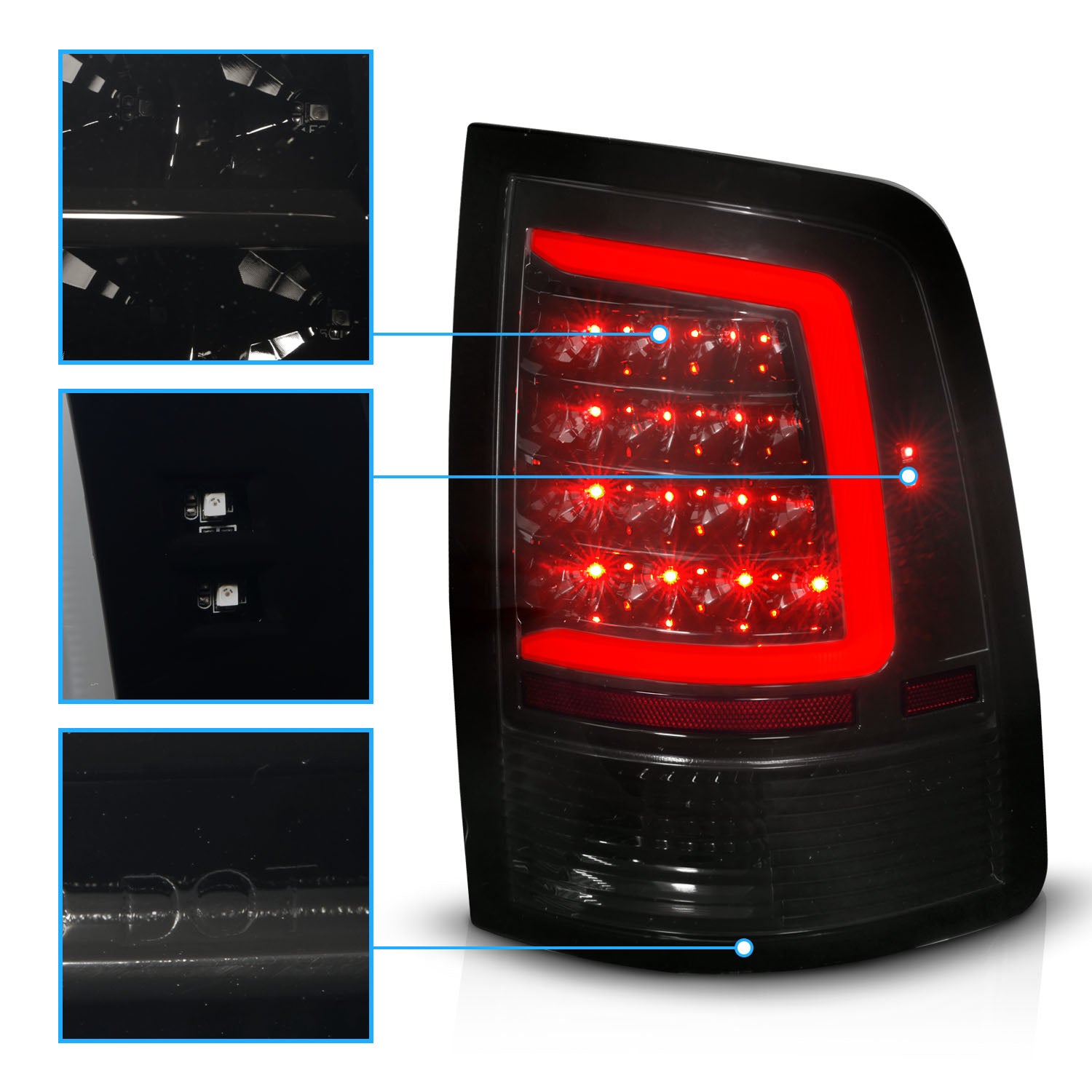 DODGE RAM 1500 09-20 LED TAIL LIGHTS BLACK HOUSING SMOKE LENS (W/ SEQUENTIAL ) (HALOGEN MODEL)