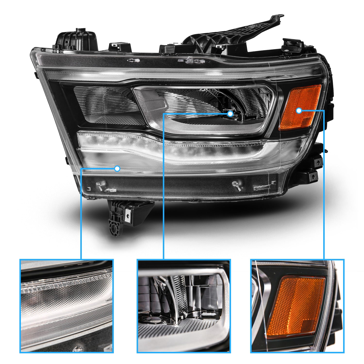 DODGE RAM 1500 (NEW BODY) (FACTORY HALOGEN MODEL) 19-UP  FULL LED HEADLIGHTS BLACK LIGHT BAR W/DRL (LEFT SIDE)
