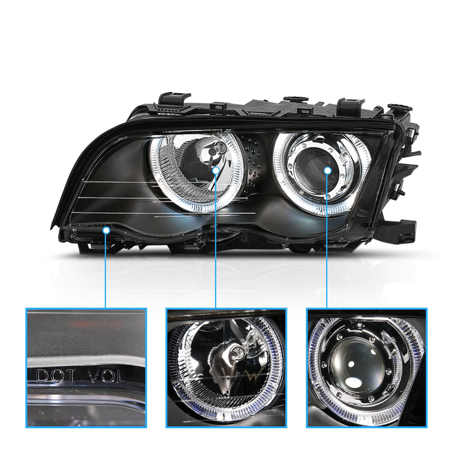 BMW 3 SERIES E46 99-01 4DR PROJECTOR HEADLIGHTS HALO BLACK CLEAR