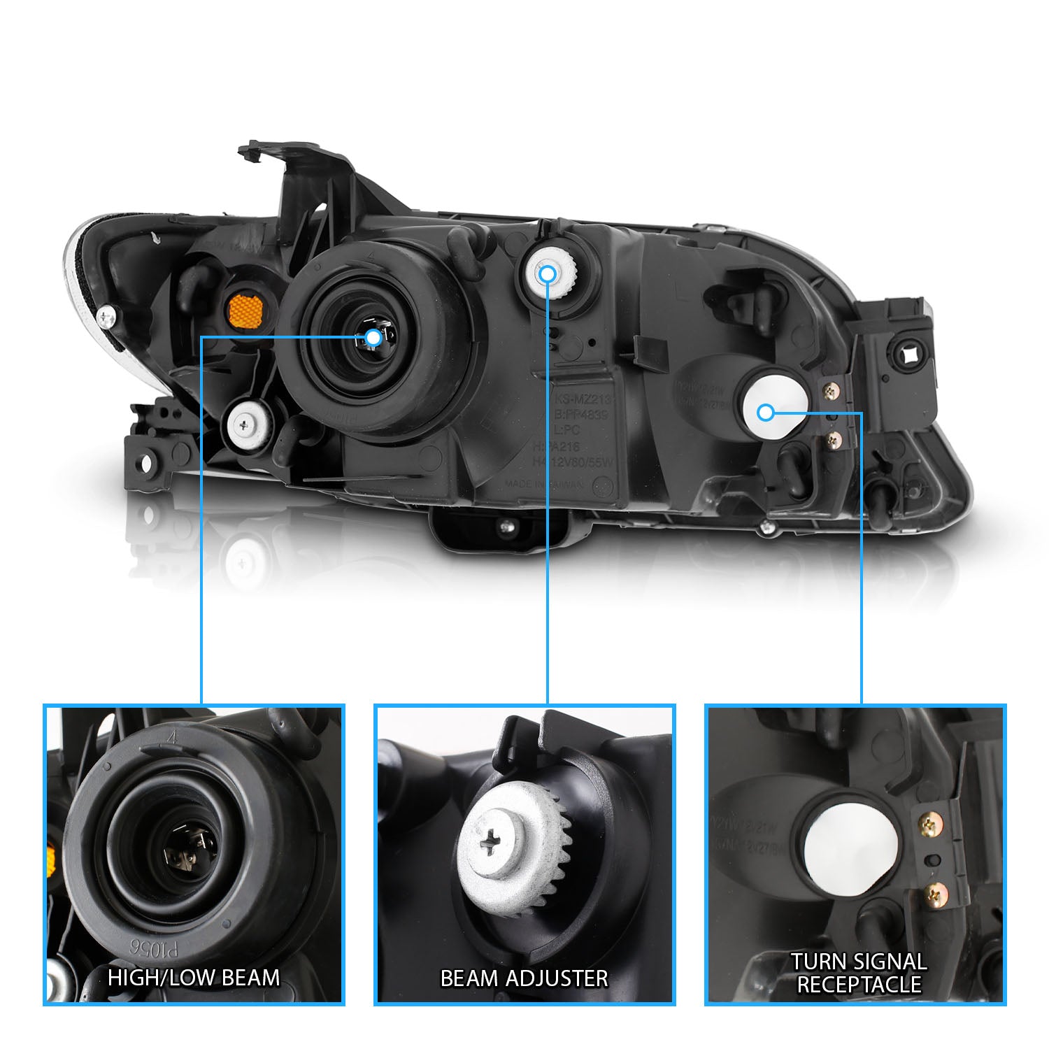 MAZDA PROTEGE 01-03 CRYSTAL HEADLIGHTS BLACK AMBER