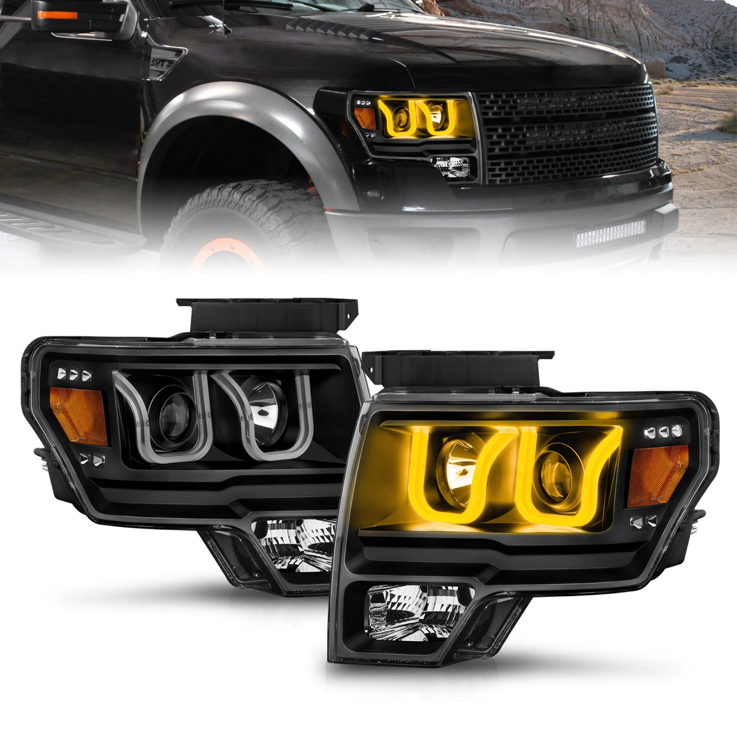 FORD F-150 09-13 PROJECTOR U-BAR STYLE SWITCHBACK HEADLIGHTS BLACK
