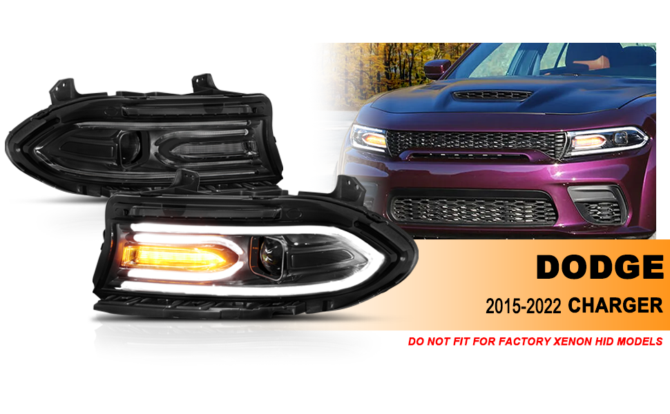 DODGE CHARGER 15-22 PROJECTOR LIGHT BAR STYLE HEADLIGHTS BLACK CLEAR