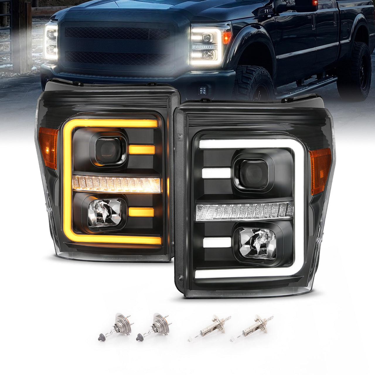 FORD F-250/SUPER DUTY 11-16 PROJECTOR LIGHT BAR STYLE SWITCHBACK HEADLIGHTS BLACK AMBER