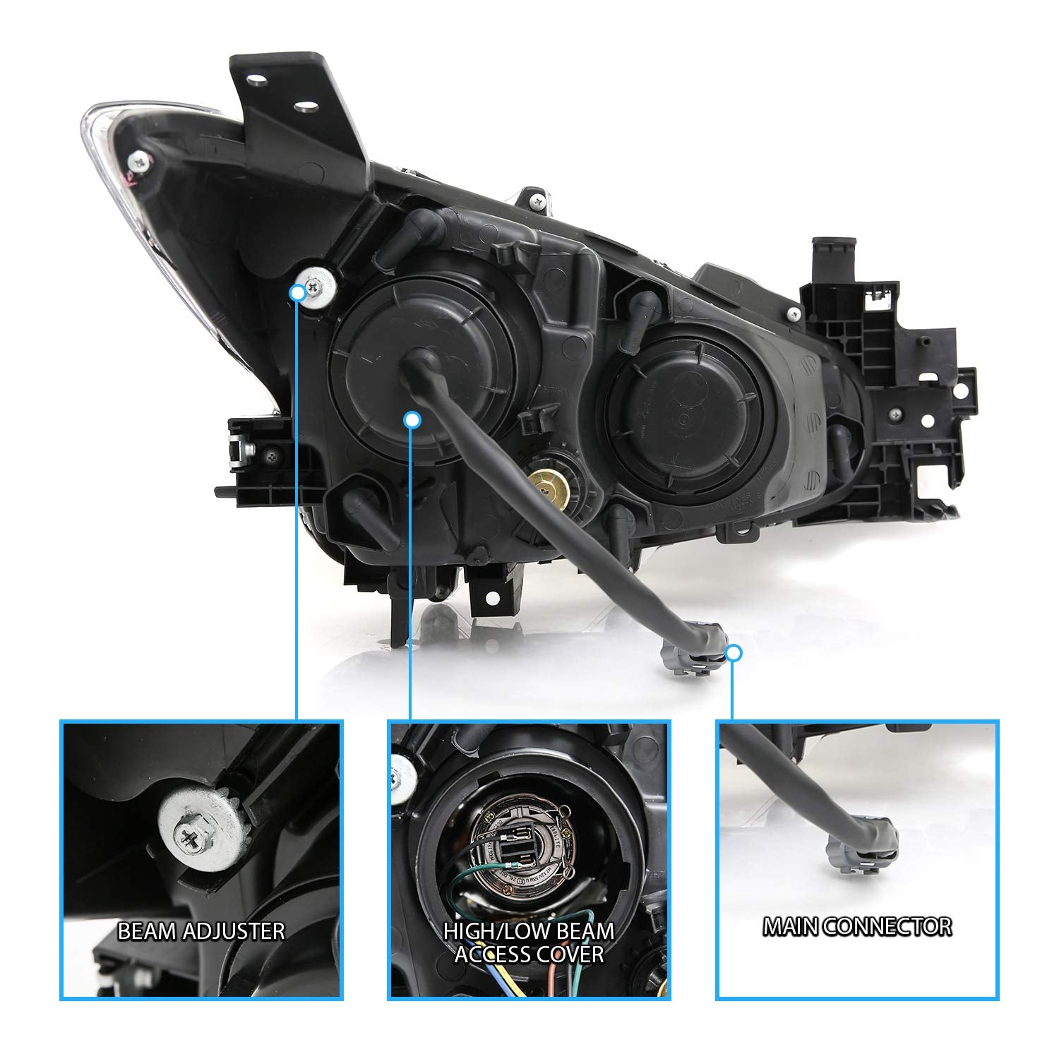 MAZDA 3 14-15 4DR PROJECTOR HEADLIGHTS WHITE PLUS LED HALO BLACK AMBER