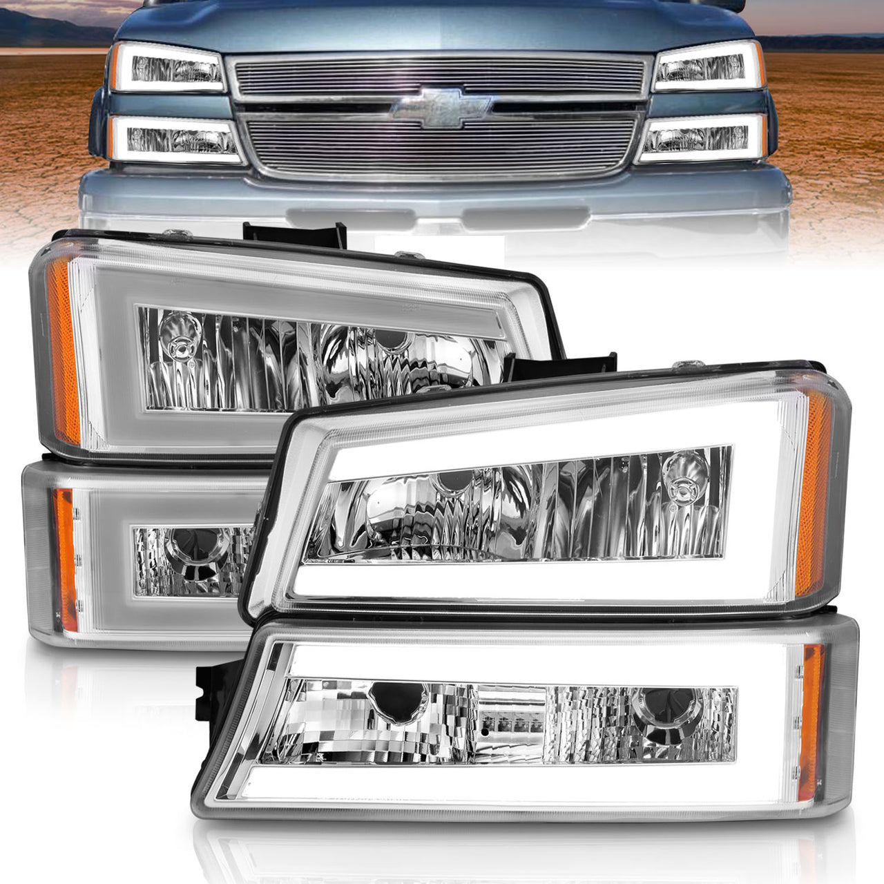 CHEVY SILVERADO 03-07/ AVALANCHE 02-06 HEADLIGHTS W/ SIGNAL LIGHT CHROME HOUSING AMBER (4 PCS) (W/ C LIGHT BAR) W/O BODY CLADDING