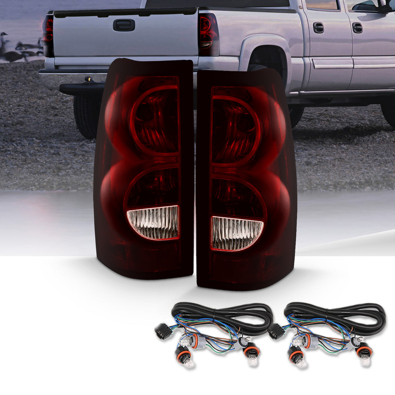 CHEVY SILVERADO 04-07 TAIL LIGHTS DARK RED AND CLEAR LENS (BLACK RIM) (OE STYLE)
