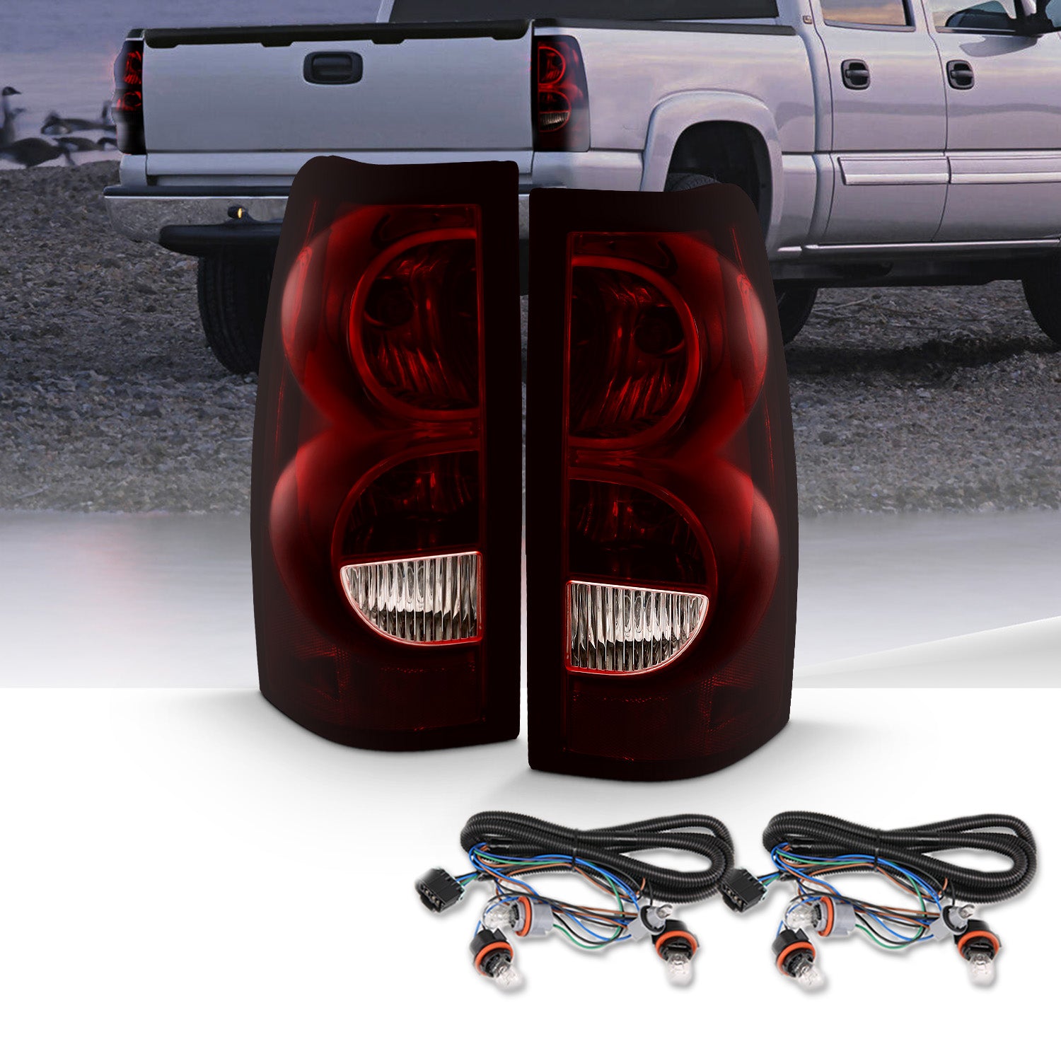 CHEVY SILVERADO 04-07 TAIL LIGHTS DARK RED AND CLEAR LENS (BLACK RIM) (OE STYLE)